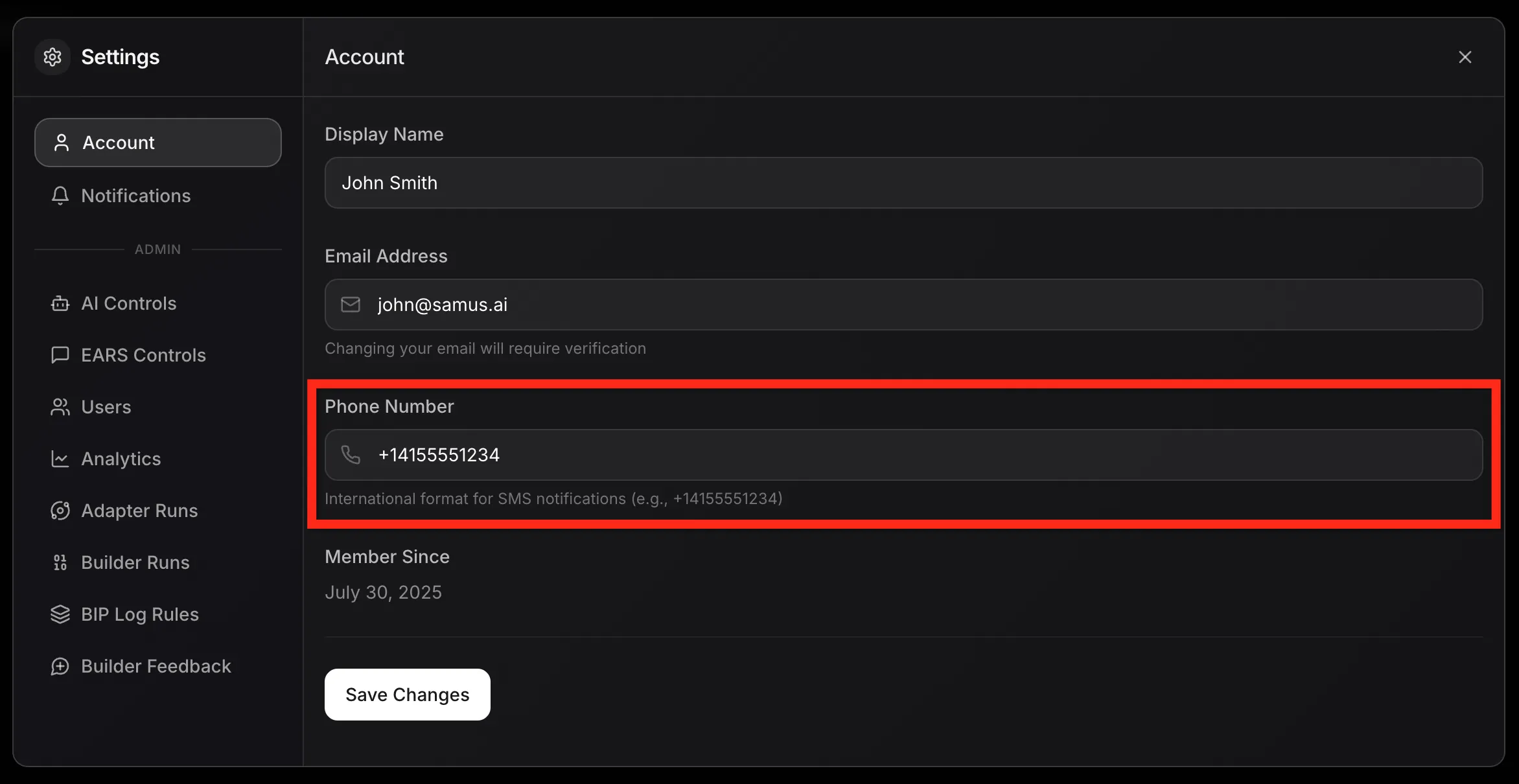 Account Settings page showing the Phone Number field with +14155551234 entered, with a Save Changes button below.