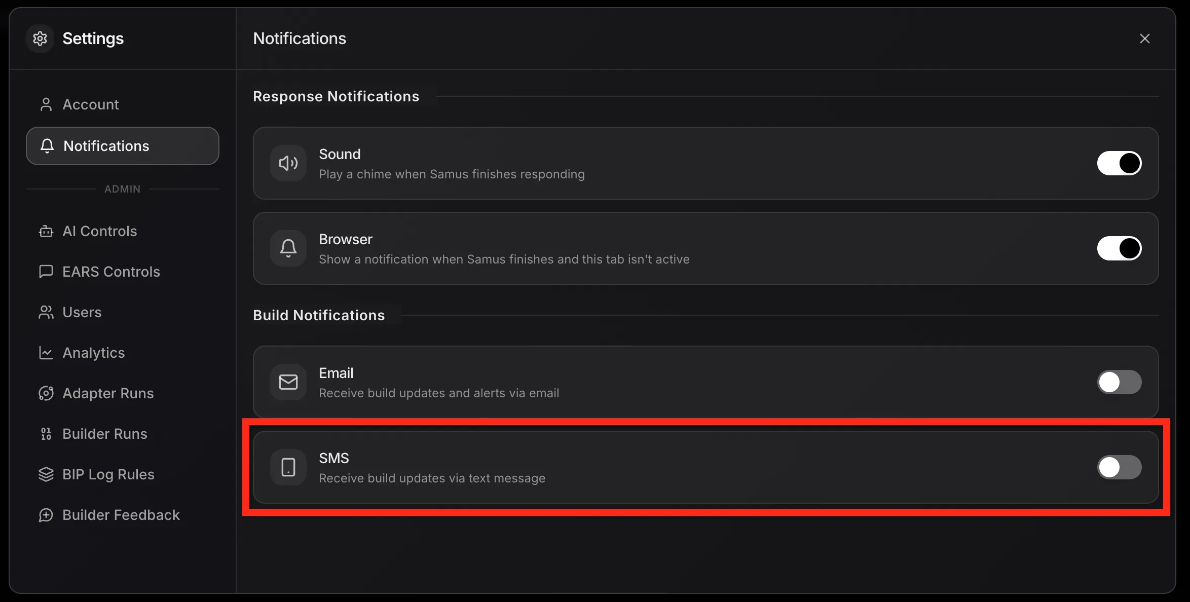 Notification Settings page showing the SMS row in the Build Notifications section with the toggle in the off position.