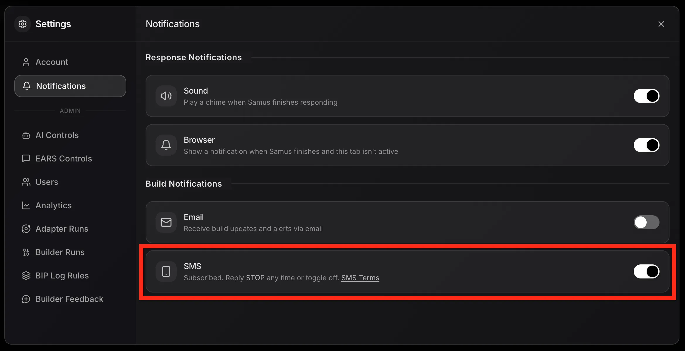 Notification Settings page showing the SMS row with the toggle in the on position and the subtitle Subscribed. Reply STOP any time or toggle off. SMS Terms.